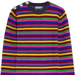 Ganni Button Embellished Striped Cashmere Sweater